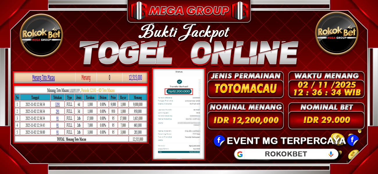 Bukti JP situs Rokokbet hari Minggu, 02 November 2025